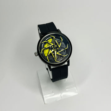 Spinning Car Wheel Yellow Watch| 44mm | Strap