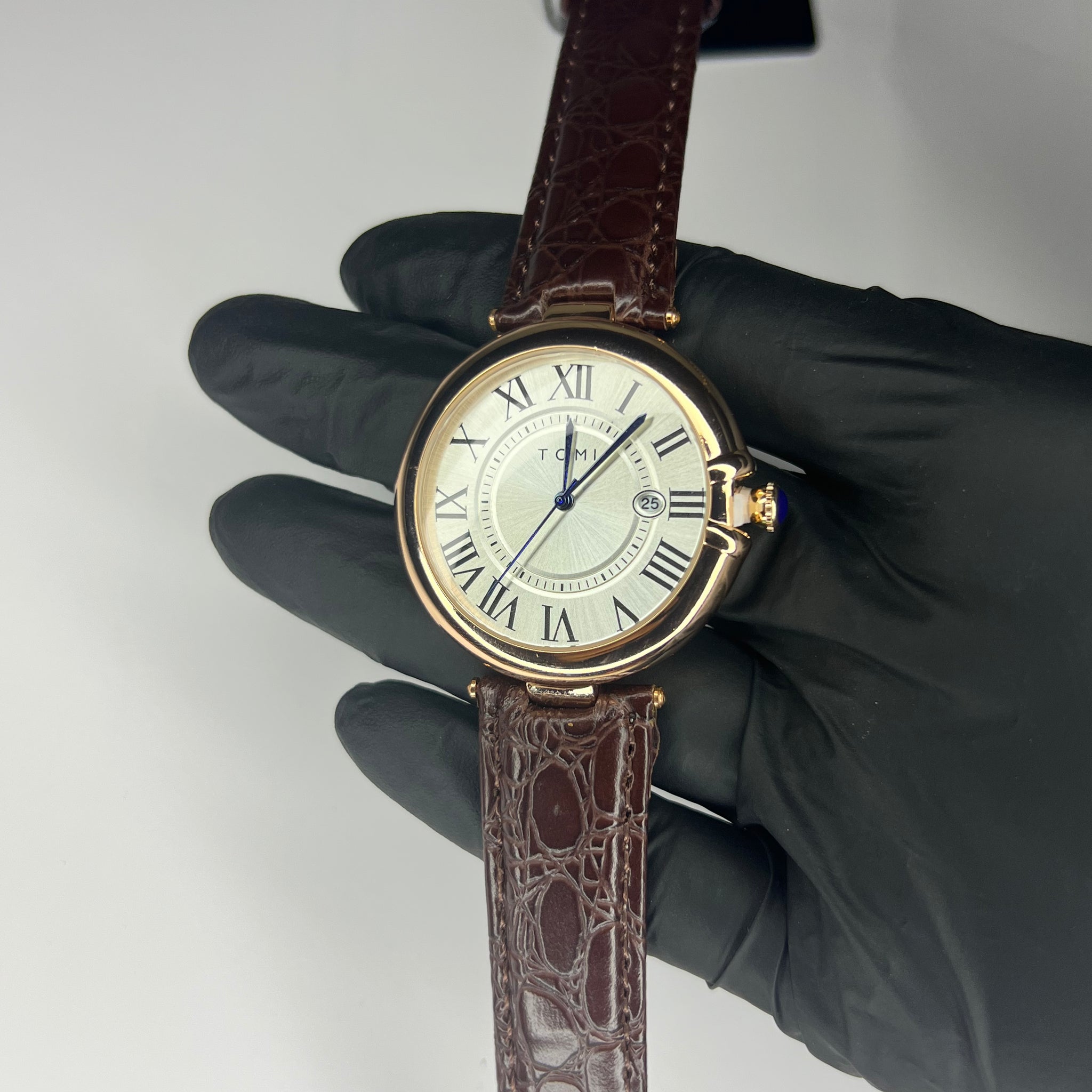 TOMI Roman Brown Leather Strap | White Dial