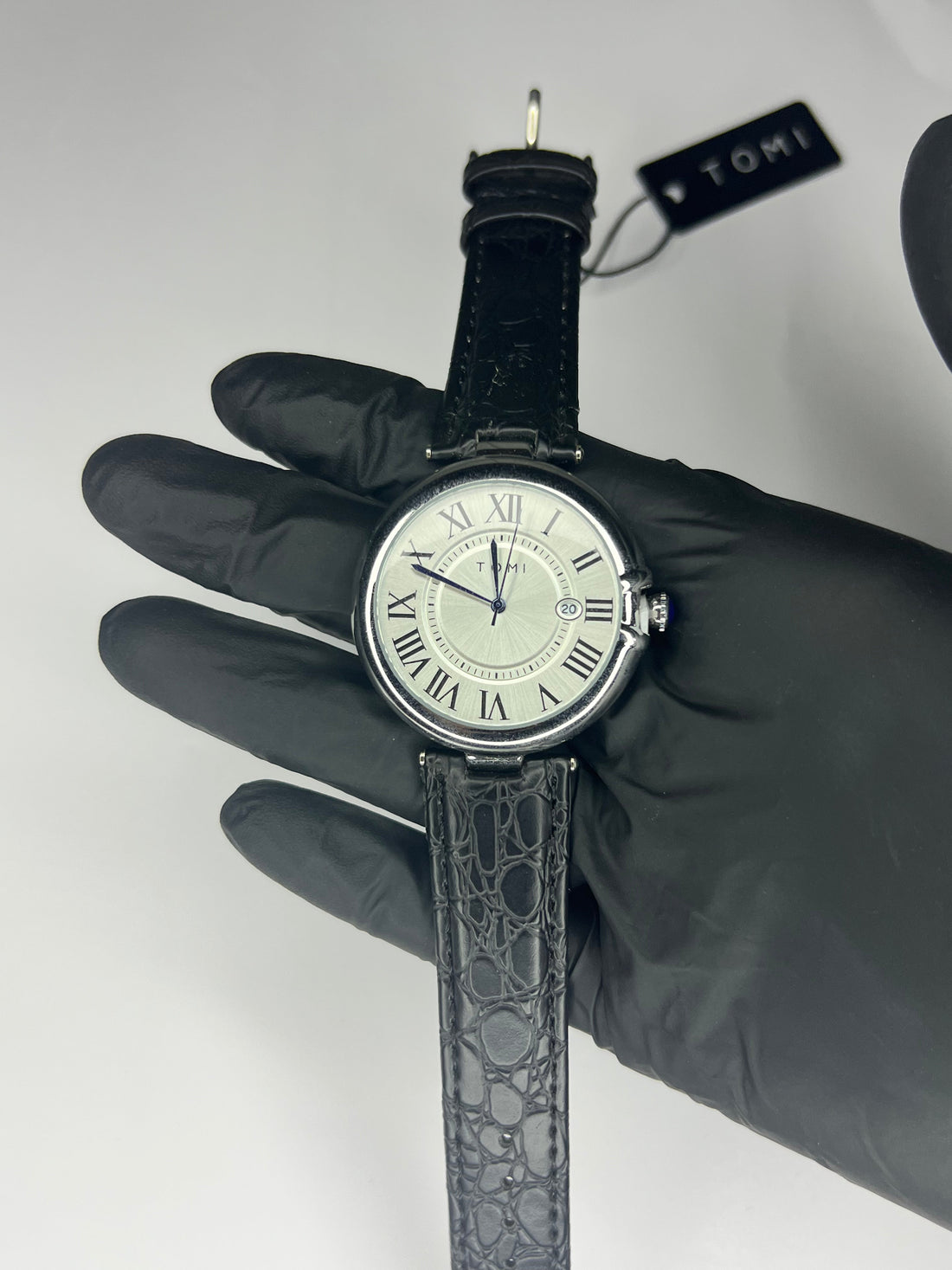 TOMI Roman Black Leather Strap | White Dial