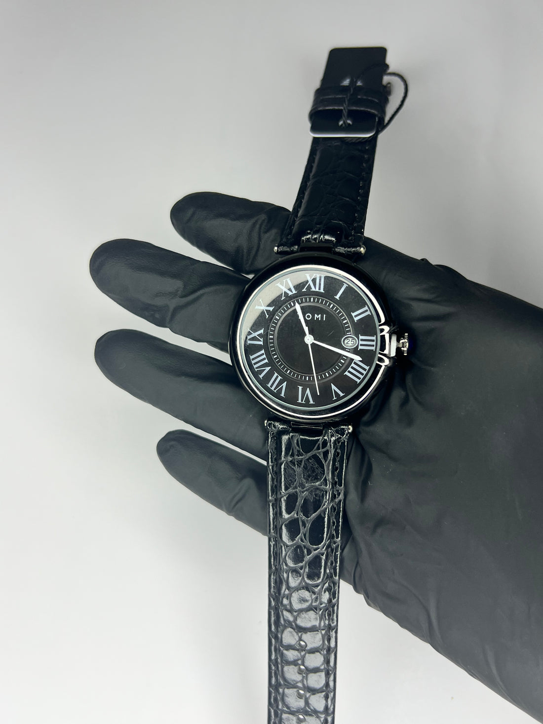 TOMI Roman Black Leather Strap | Black Dial