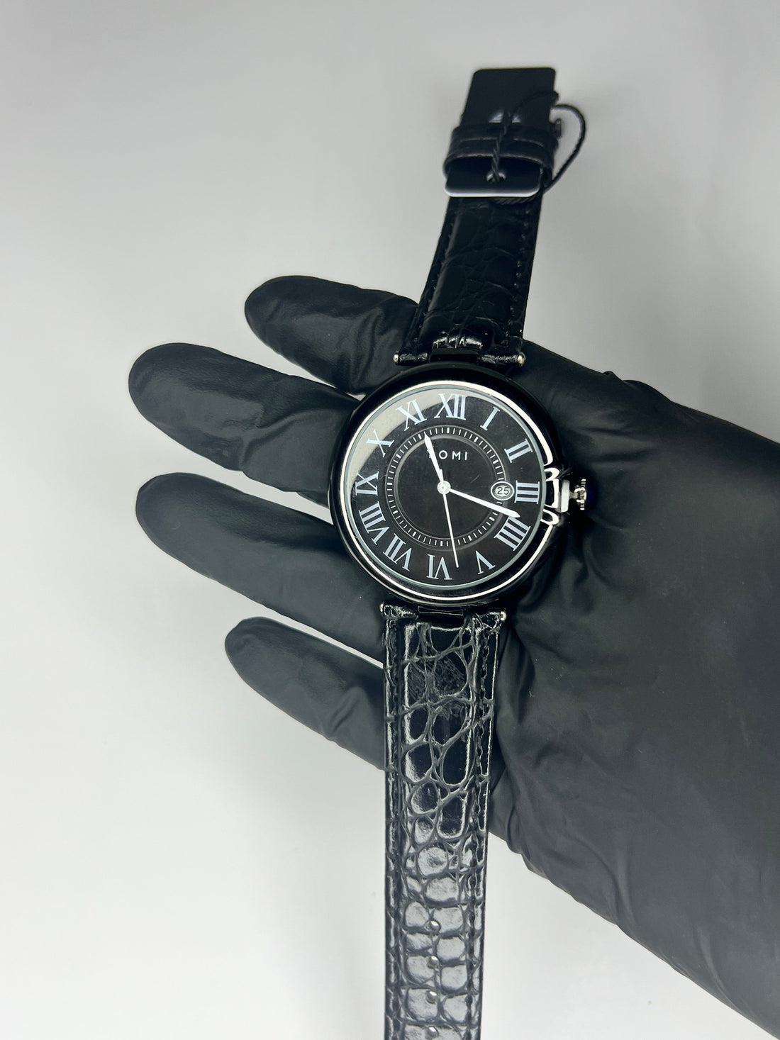 TOMI Roman Black Leather Strap | Black Dial