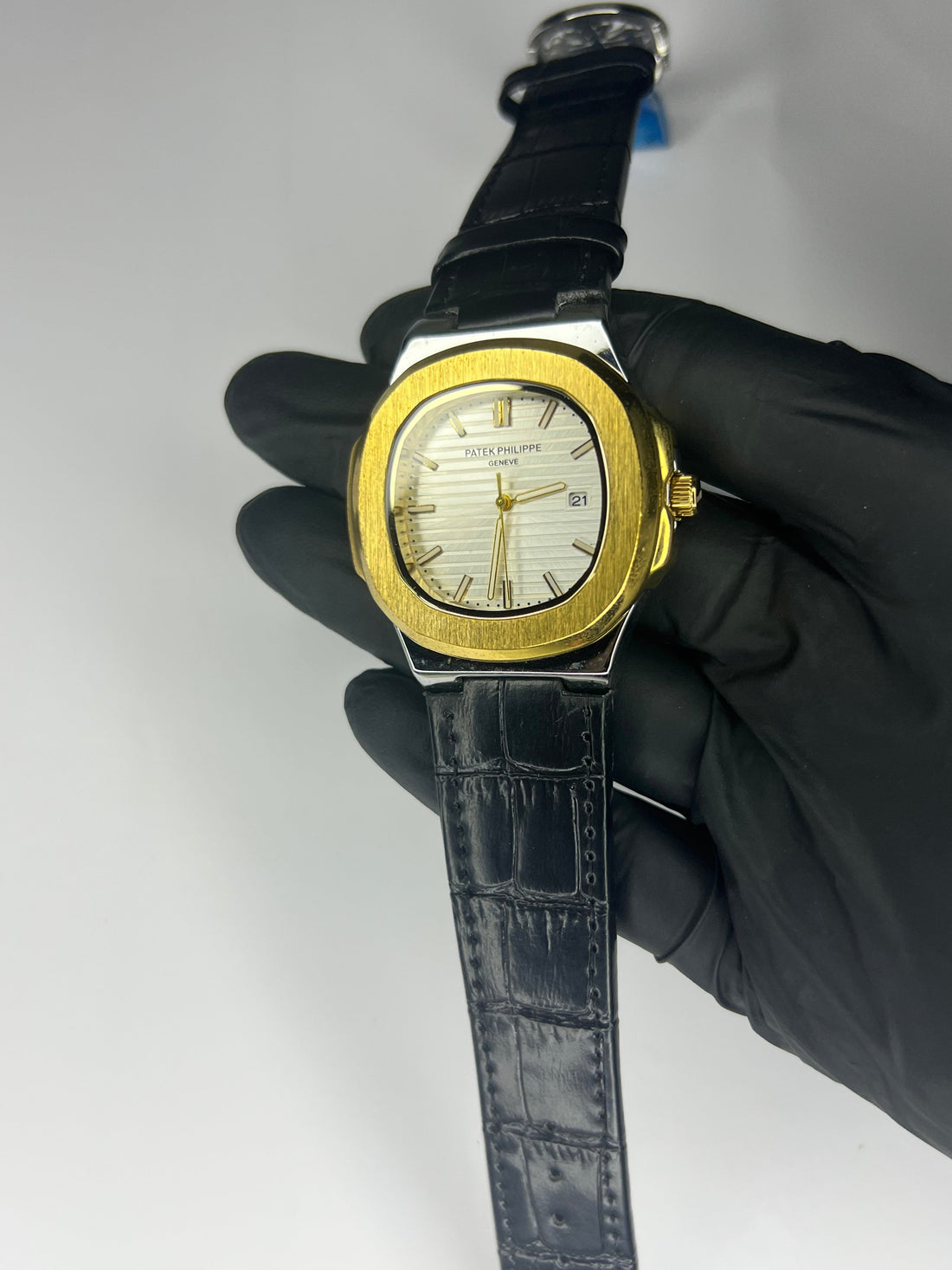 Patik Philippe White Dial | Gold Tone Bezel | Black Strap