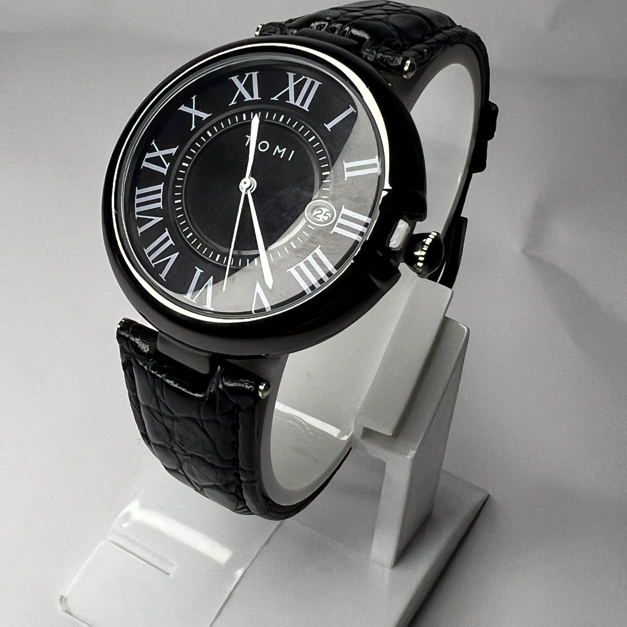 TOMI Roman Black Leather Strap | Black Dial