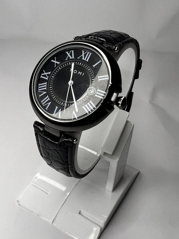 TOMI Roman Black Leather Strap | Black Dial