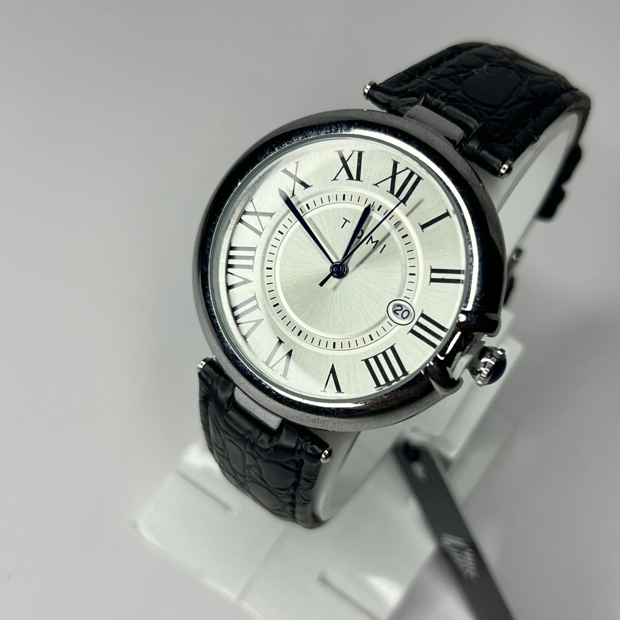 TOMI Roman Black Leather Strap | White Dial