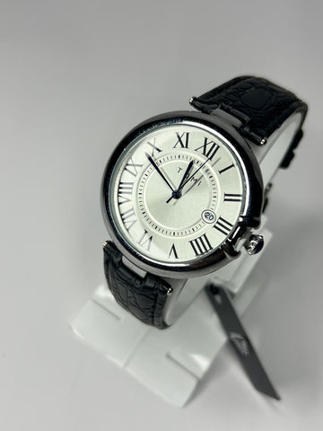 TOMI Roman Black Leather Strap | White Dial