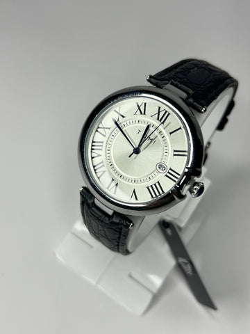 TOMI Roman Black Leather Strap | White Dial