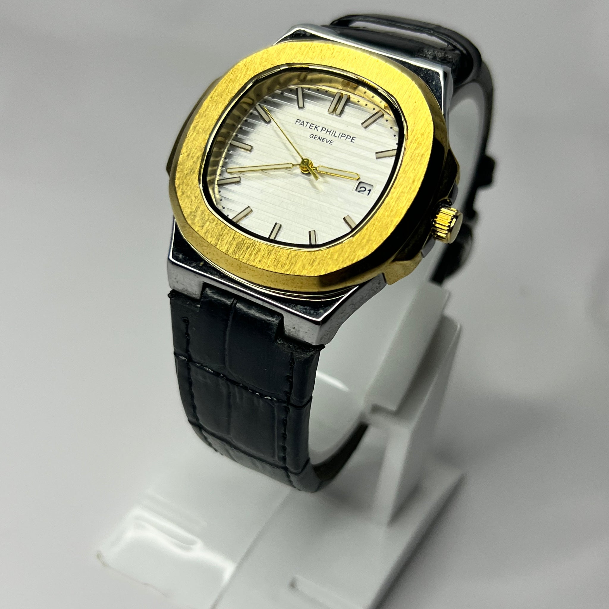 Patik Philippe White Dial | Gold Tone Bezel | Black Strap