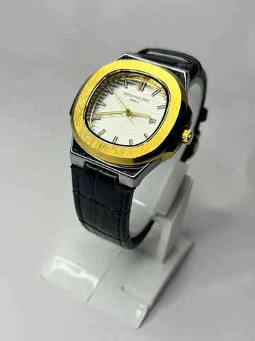 Patik Philippe White Dial | Gold Tone Bezel | Black Strap